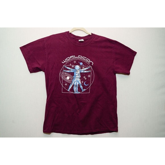Worldcon Science Fiction convention T-shirt L maroon space astronaut - Picture 1 of 5